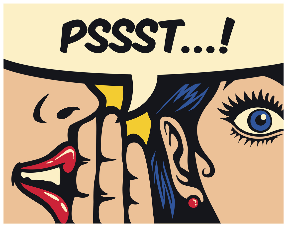 Pop art style comics panel gossip girl whispering secret in ear word of mouth vector illustration